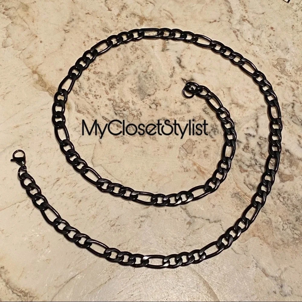 Men's Black Enamel Figaro Necklace Stainless Steel Chain! NEW 24